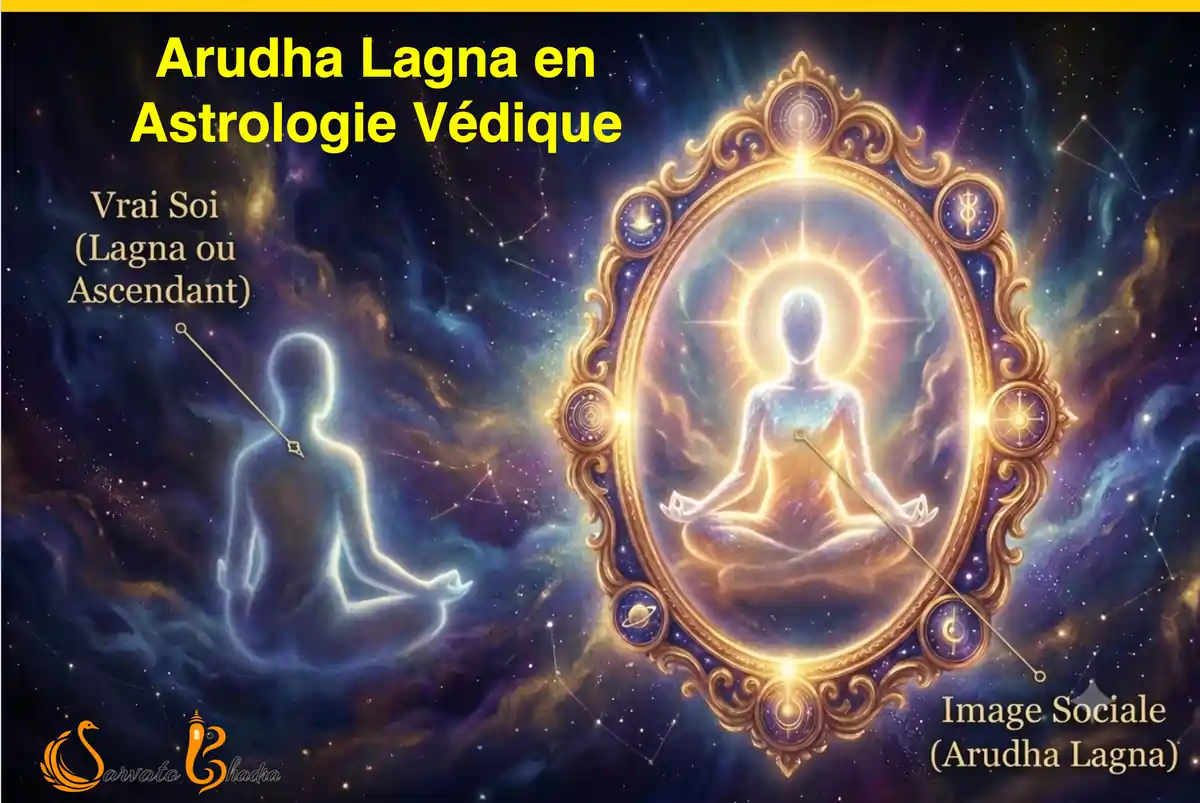 Miroir cosmique doré reflétant une figure rayonnante, où la personne réelle symbolise le moi véritable (Lagna) et où le reflet symbolise l'Arudha Lagna, l'image sociale perçue par les autres.
