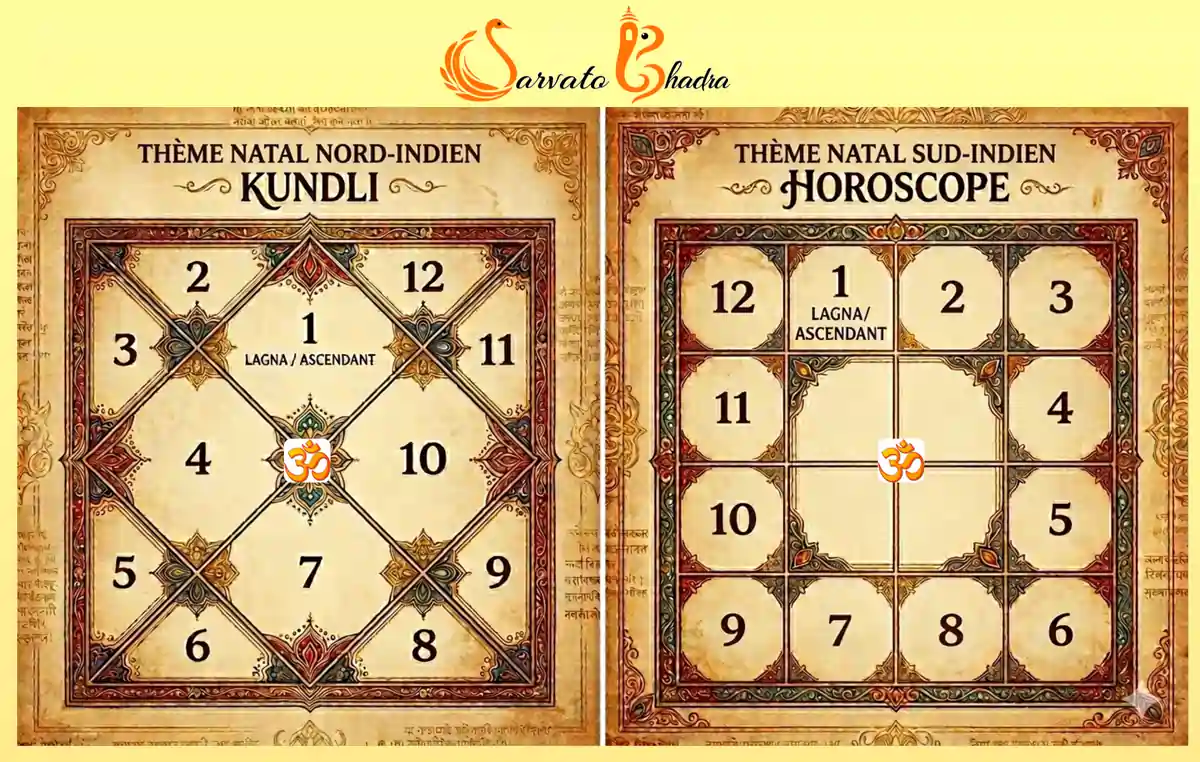 L'image illustre la numérotation des 12 Maisons en Astrologie Védique pour un ascendant Bélier dans les thèmes astraux de style nord-indien et sud-indien.