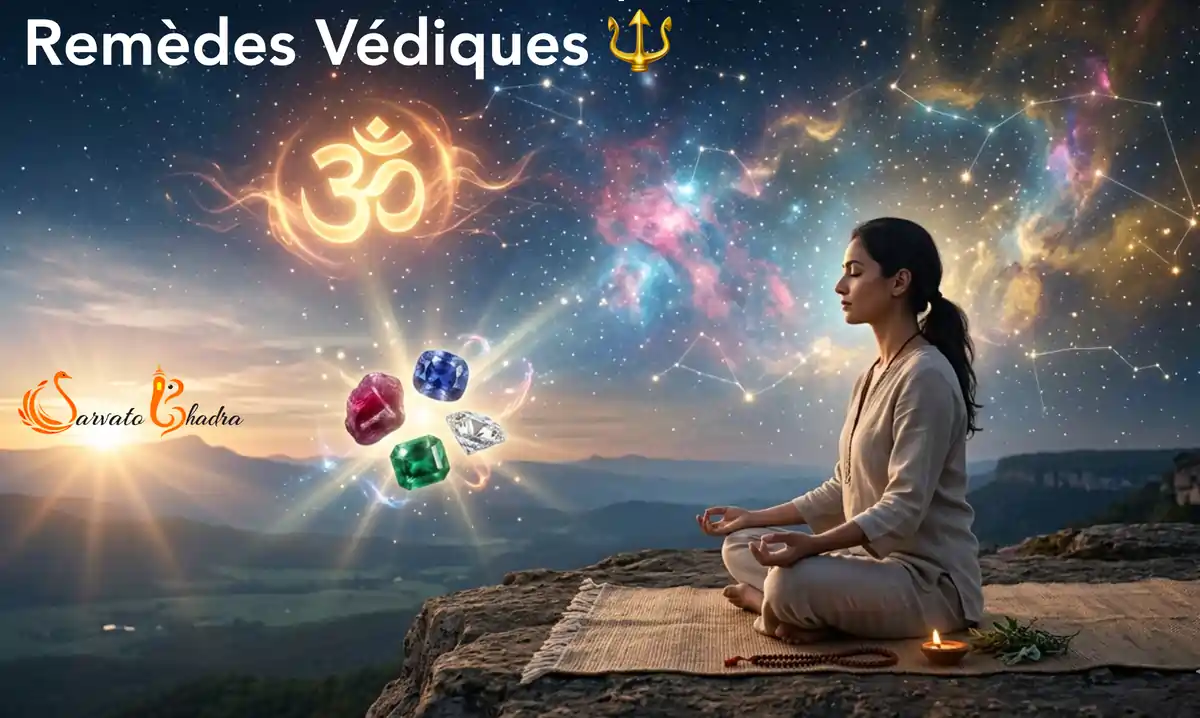 Une femme médite sur le mantra AUM en pleine nature, près des montagnes. Le mantra AUM est inscrit en lettres lumineuses, et des images de pierres précieuses sont présentes, etc., pour illustrer les remèdes védiques.