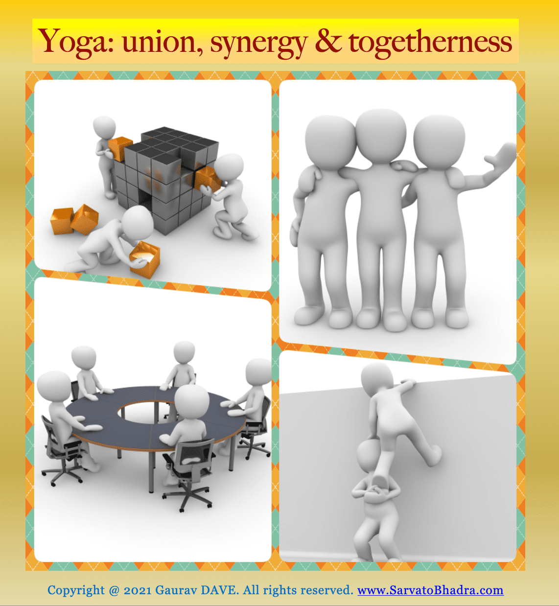4 images showing people working together like planets do when they are in Yoga in a horoscope.Raja Yoga, Dur Yoga, and Vipreet Raj Yoga.