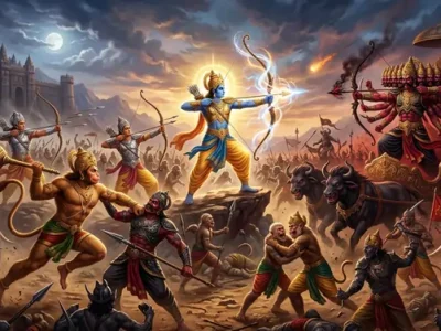 Featured Image of war between Shri Ram and Ravana for article on Jyotish analysis of Shri Ram's birth chart