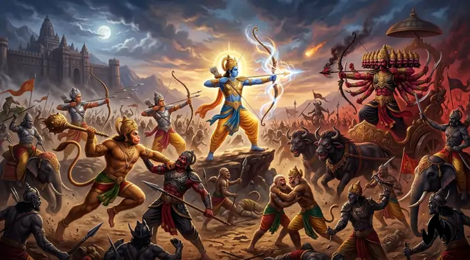 Featured Image of war between Shri Ram and Ravana for article on Jyotish analysis of Shri Ram's birth chart