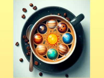 An image showing the 9 planets in Vedic Astrology in a cup of coffee from a top view.