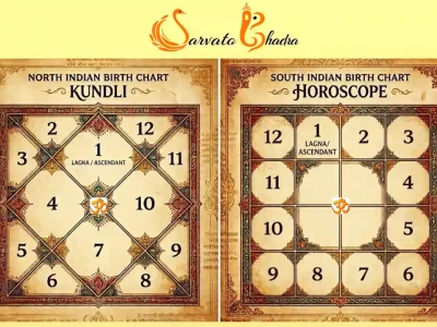 The image illustrates the numbering of the 12 houses in Vedic Astrology for an Aries ascendant in North Indian and South Indian style birth charts.