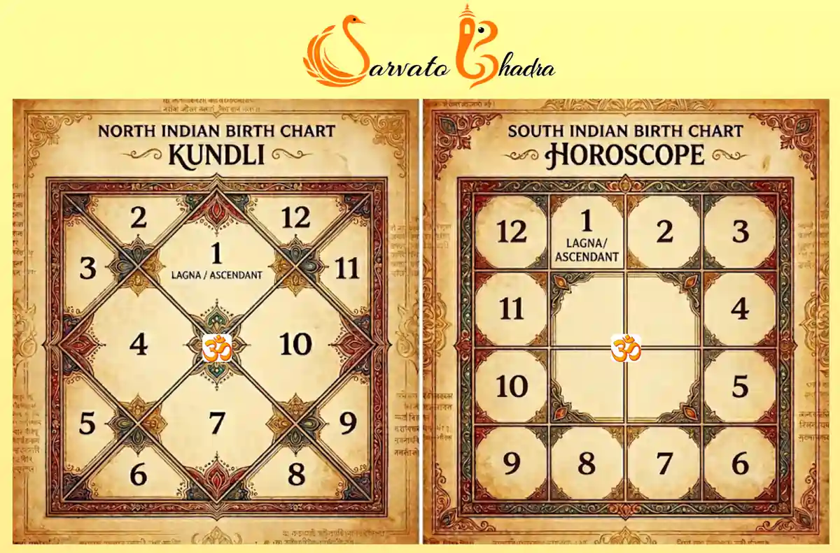 The image illustrates the numbering of the 12 houses in Vedic Astrology for an Aries ascendant in North Indian and South Indian style birth charts.